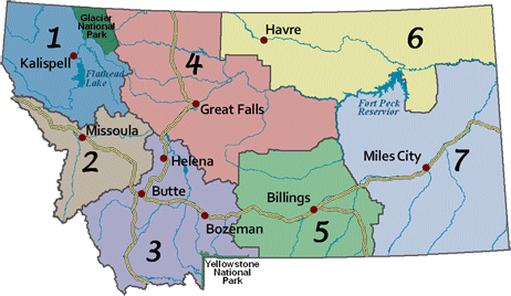 Montana State map showing 7 regions