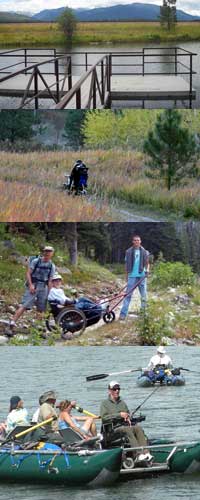 Images of a accessible fishing platform, a person using a wheelchair on a trail, a woman sitting in a wheelchair on a mountain trail with the Trail Buddy navigation device is attached to her wheelchair and two family members are helping her navigate the trail, and a group of people in a raft one of which is in a wheelchair and it also fishing.
