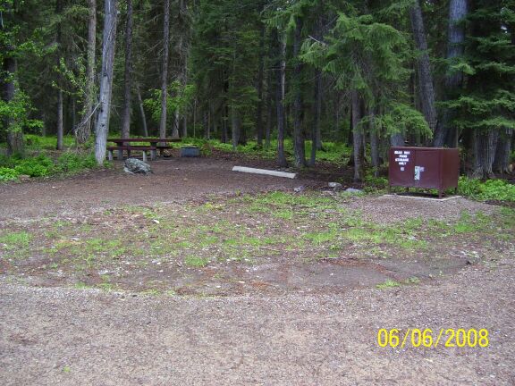 picture showing A campsite set back in the trees.  A brown metal 'bear box' for food storage can be seen next to the gravel parking pad.