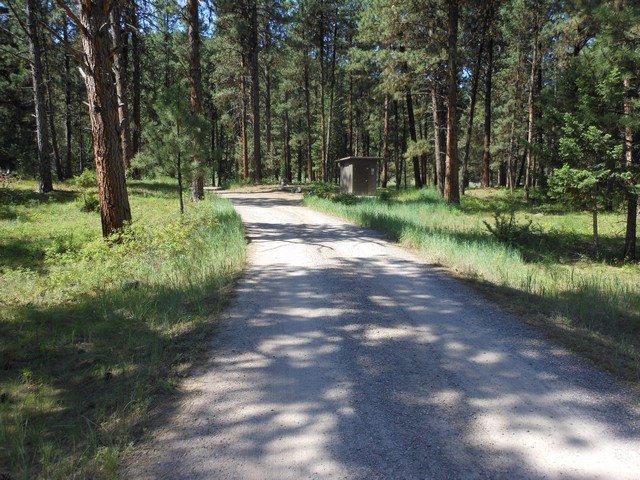 picture showing Interior campground road from day-use area to campsites.  Notice latrine in background.  There are two total, the other being located on the far side of campground.