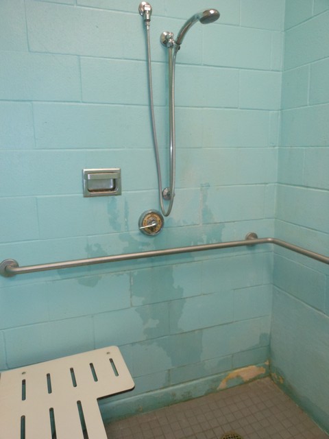 picture showing View inside shower stall.  Showerhead does move up & down on the fixture.  There is a low/short 3