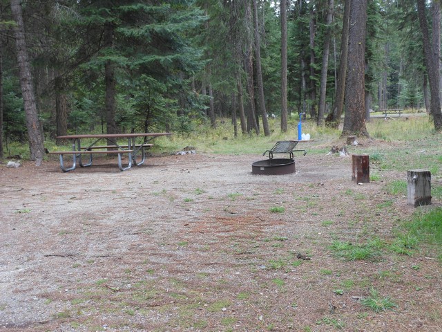 picture showing Campsite #8, loop B.  There are no marked accessible campsites in the park, however, this site has slopes that meet the standards and has an accessible table but the grill is not.