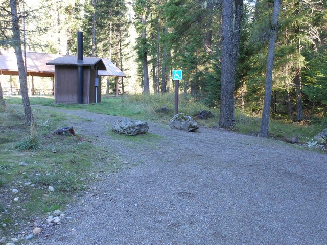 picture showing Accessible parking space and latrine near the group picnic shelter.