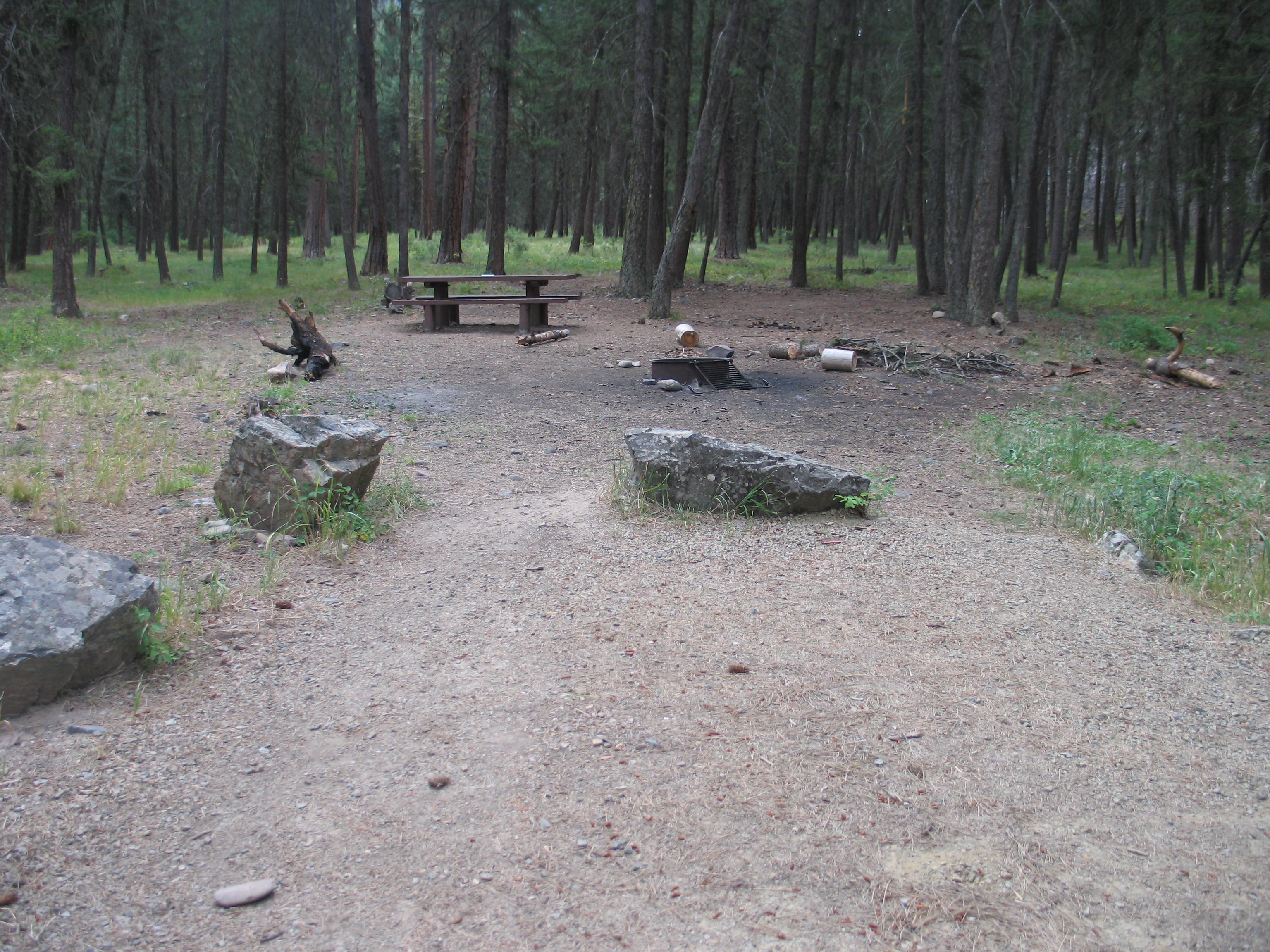 picture showing Campsite number 5 showing a flat and open campsite with uneven access routes, a picnic table without a wheelchair seating space, and a BBQ pit with a cooking surface that is too low to be considered accessible.