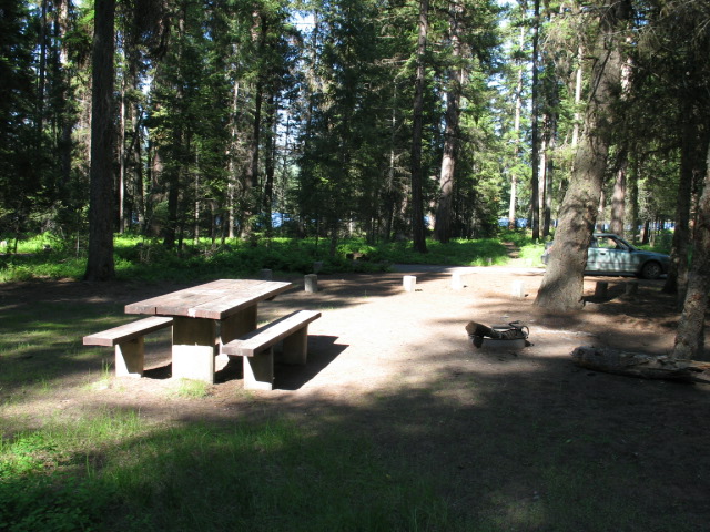 picture showing A campsite representative of most sites in the campground.  The campsite is fairly flat and has a hard-packed dirt surface, but with a short slope between the parking pad and the campsite.  The ground is also uneven in places.  The picnic table does not have a wheelchair seating space, and the BBQ pit has a cooking surface lower than 15 inches.